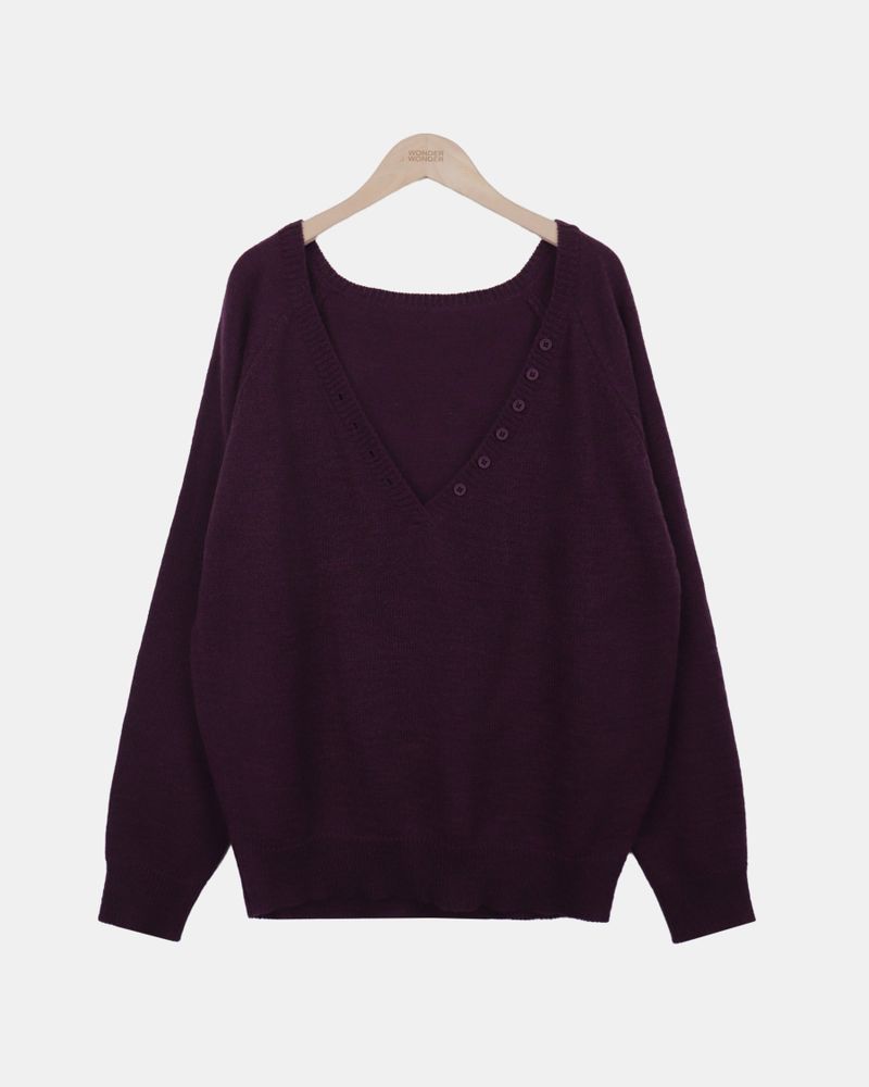 Chemin Button Deep V-Neck Long Sleeve Knit
