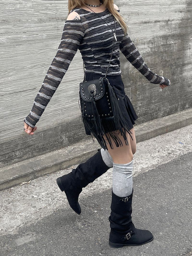 Ethnic Shoulder Slit Stripe Tee
