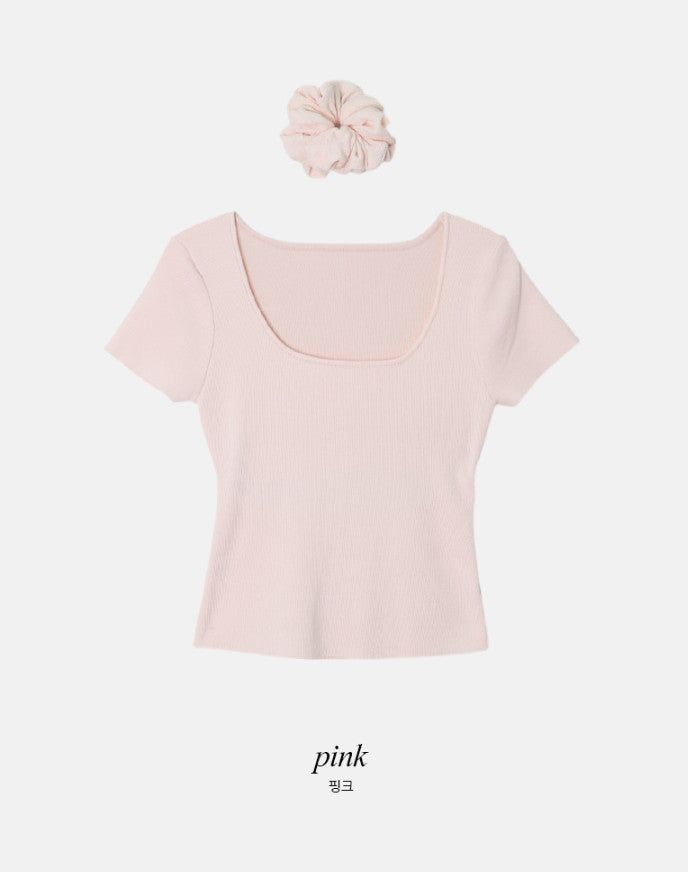 #Back Slit Square Short Sleeve Knit + Scrunchie Set (5color)