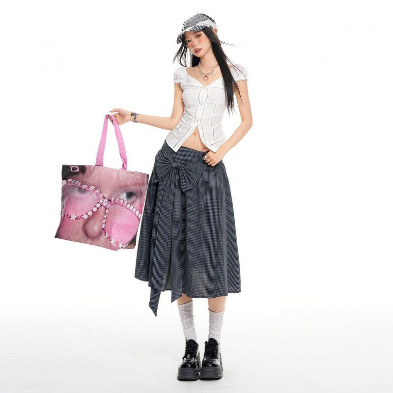 Navy Plaid Bow A-Line Midi Skirt