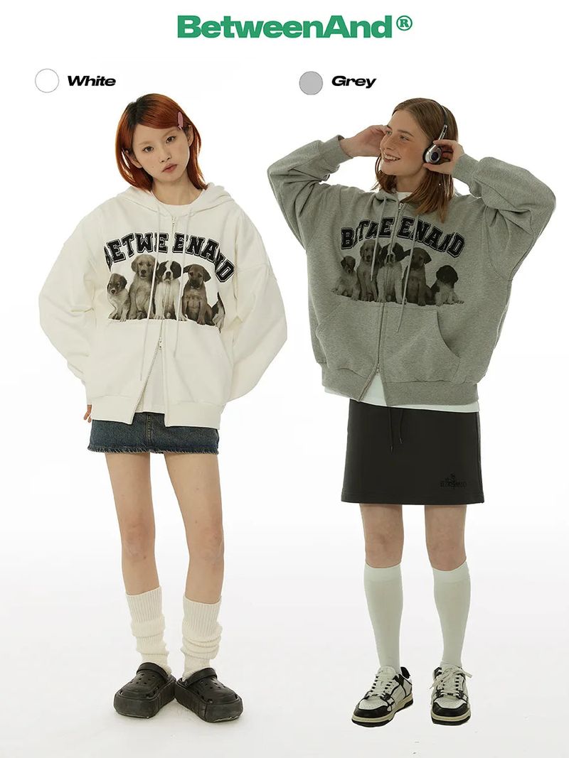 BETWEENAND（ビトゥウィーンアンド）の「BETWEENAND Spring and Autumn original dog-themed zipper jacket for women, casual autumn outfit with embroidery and cable details, American-style sweatshirt-style cardigan（Tops）」