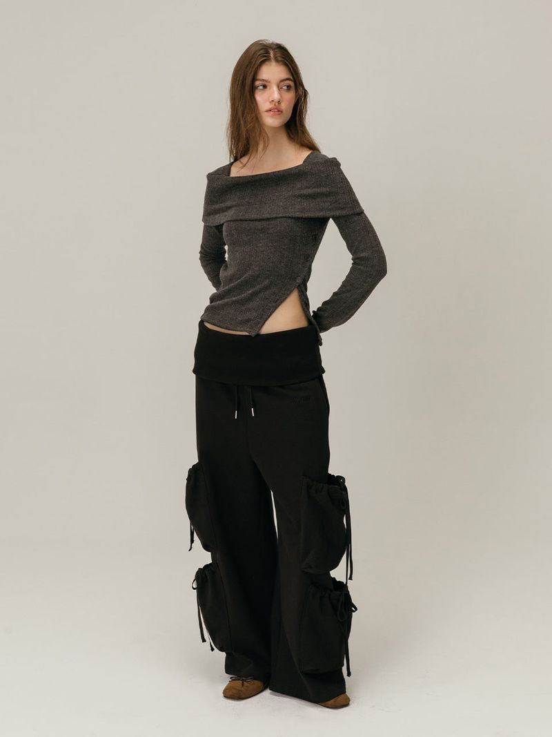 FOLDOVER SHIRRING SWEATPANTS / BLACK