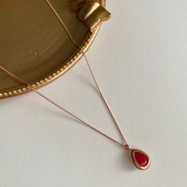 rr Silver 925 Rose Gold Natural Ruby Stone Water Drop Daily Necklace