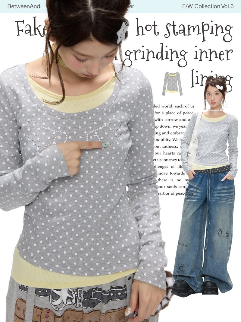 BETWEENAND（ビトゥウィーンアンド）の「BETWEENAND「Glimmering Waves」Winter holiday set of two long-sleeved, soft, breathable top shirts with polka dot design and a form-fitting fit（Tops）」