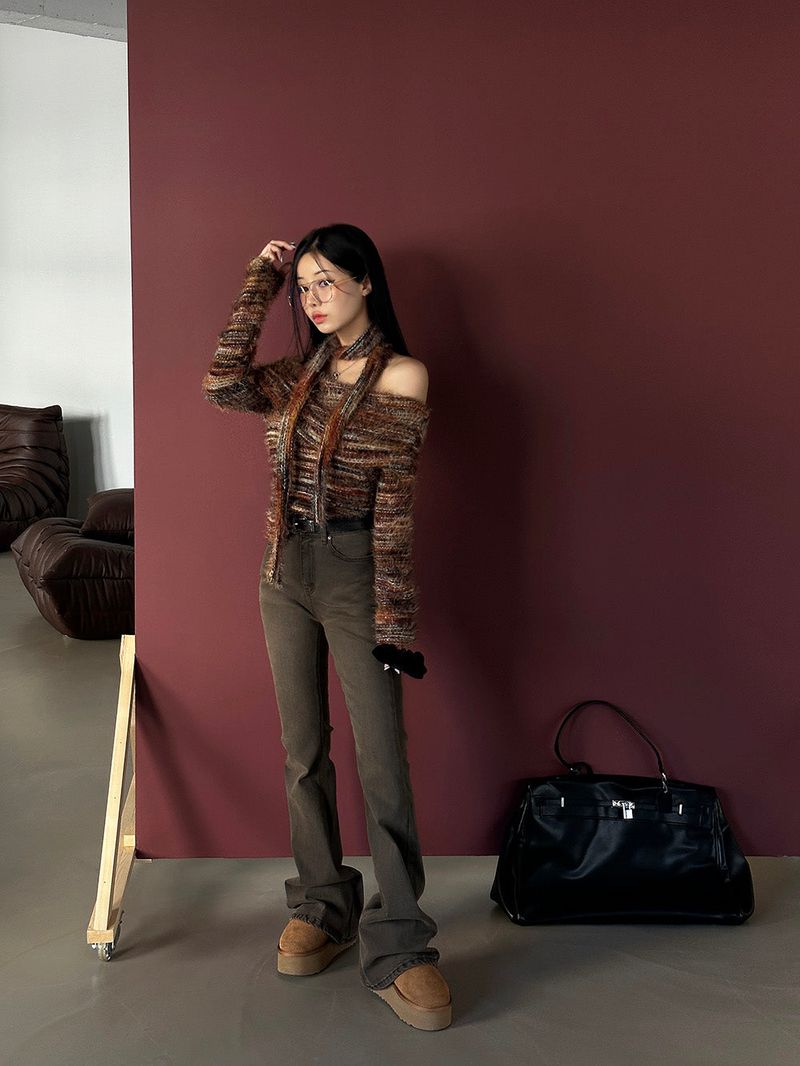 Muffler SET Off-Shoulder Mixed Knitwear
