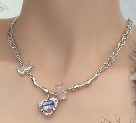 0096 Violet heart stone chain necklace