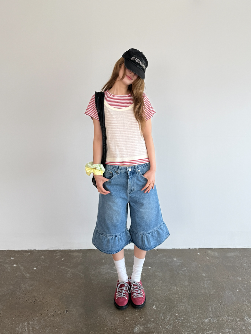 denim frill bermuda pants