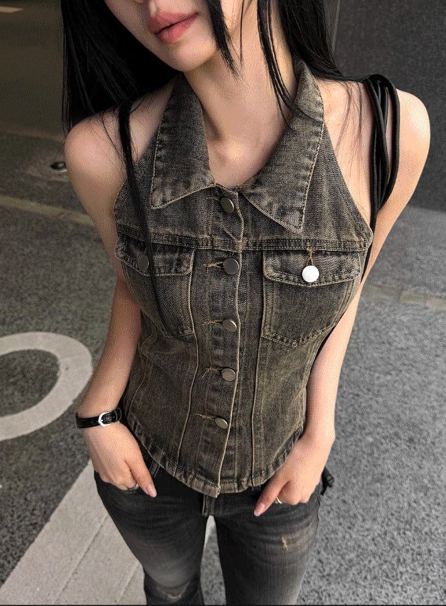 26SS★ [MADE] Corset Denim Halter Top