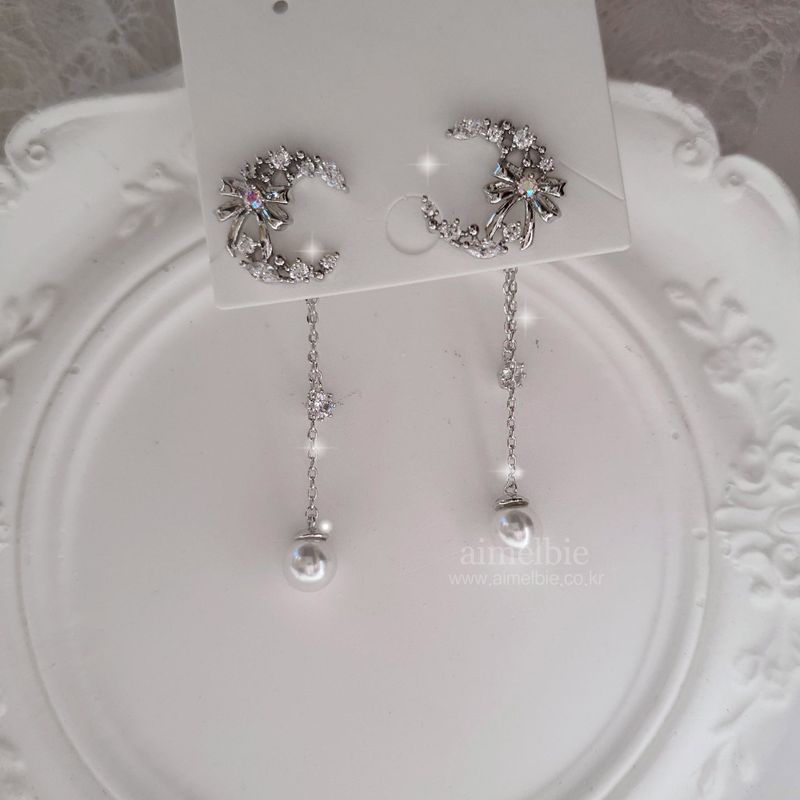  Dainty Ribbon and Moon Earrings - Silver