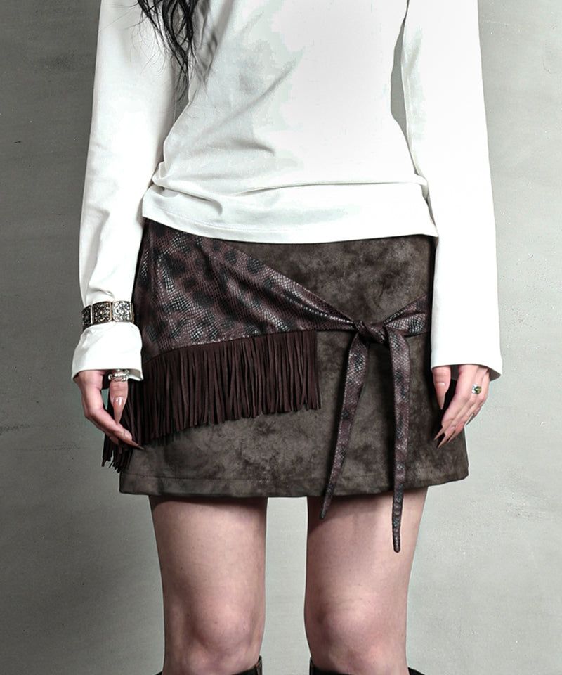 DARLING, YOU ARE BAD（YOU ARE BAD）の「FRINGE WRAP LEATHER SKIRT #BROWN（Skirts）」