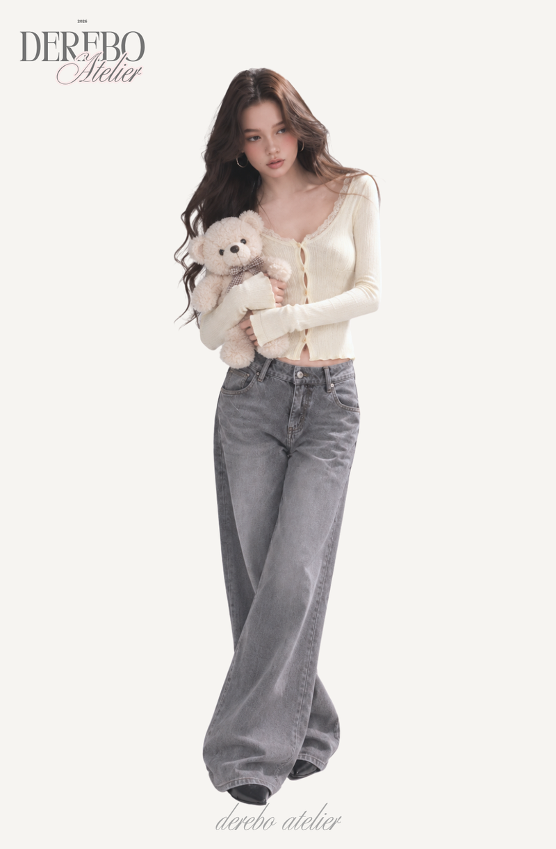 Jacquard square-neck knit long-sleeve cardigan