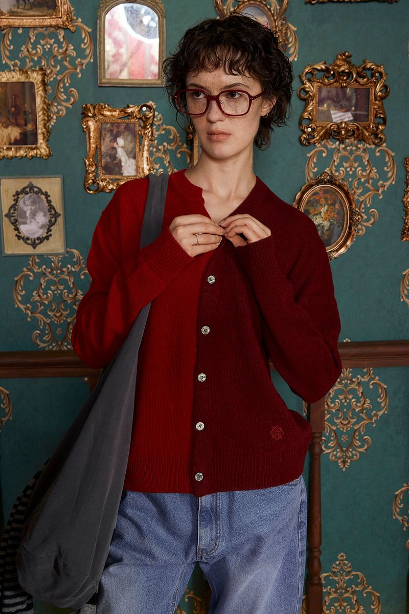 ASYMMETRY WOOL CARDIGAN / WINE&RED