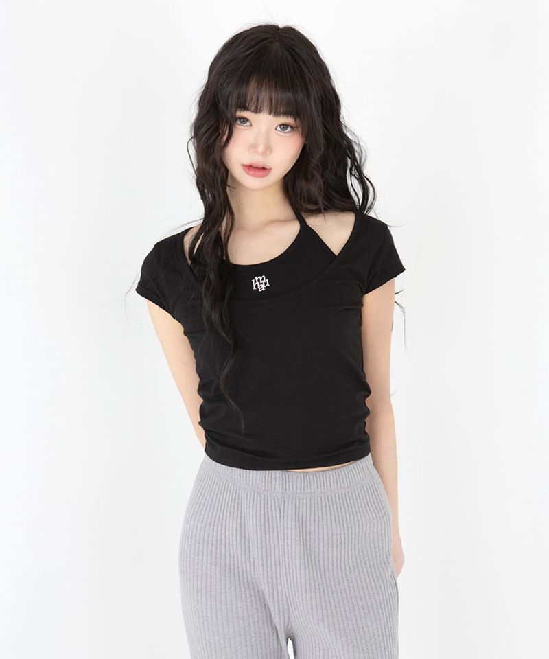 LAYERED STRAP HALF T-SHIRT [4color]