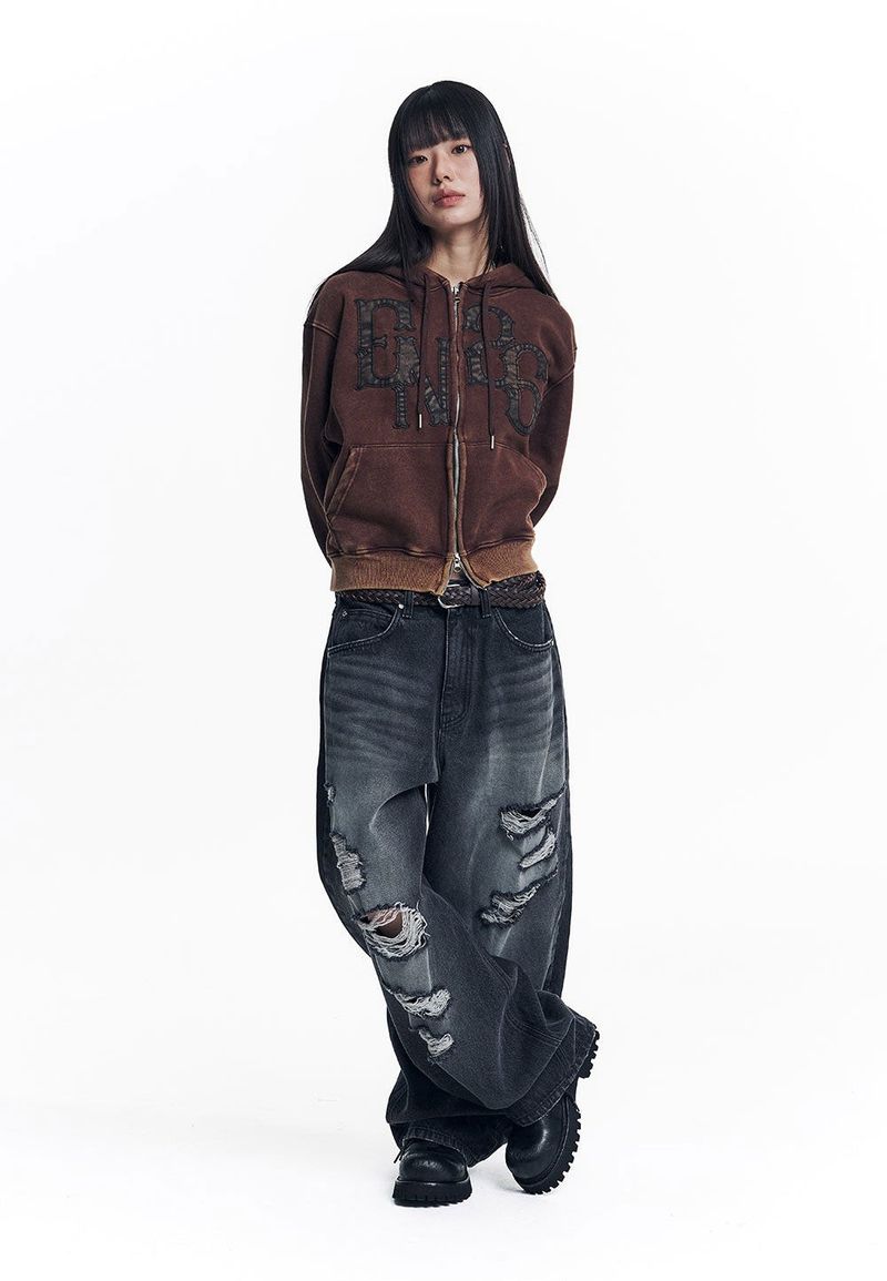 Washed Leather Patch Hooded Zip-Up - Brown