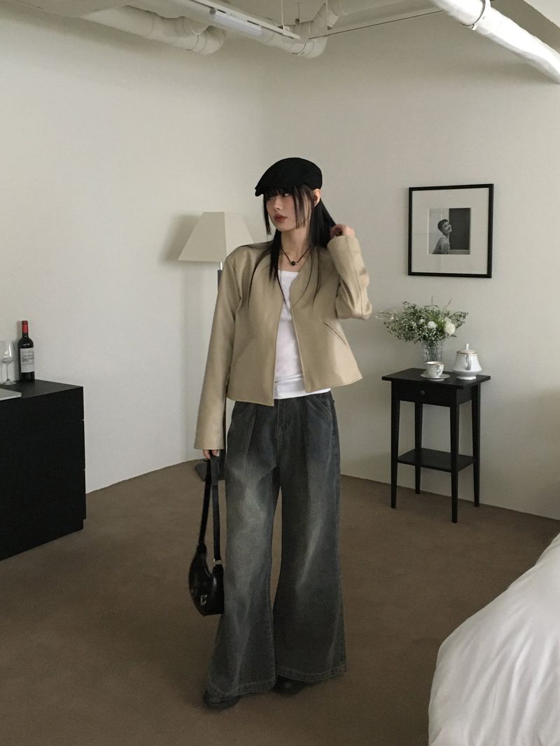 TF no-collar V short leather jacket