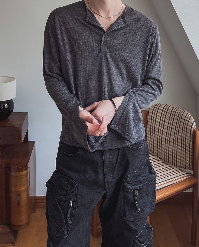 Div Ribbed Henley Neck Long Sleeve Tee 