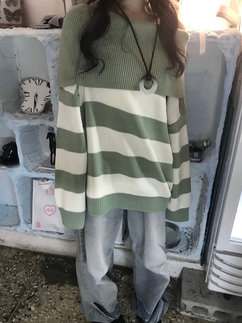 Off-shoulder Oversized Fit Stripe Knitwear