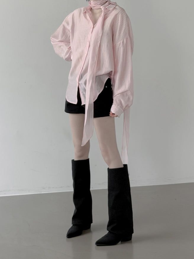 Sie Knot See-through Wrap Shirt Blouse