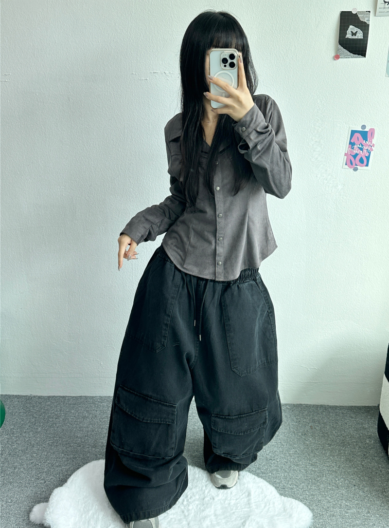 SUEDE SLIM LINE SHIRT BLOUSE🤎🖤🩶 - 3 COLORS