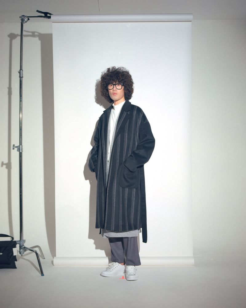 STRIPE COMBINATION WOOL ROBE COAT (Black)
