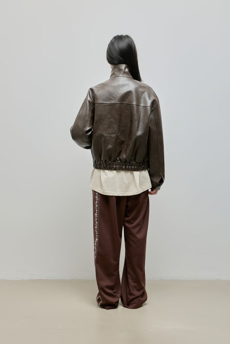 High-neck Leather Jacket_Brown
