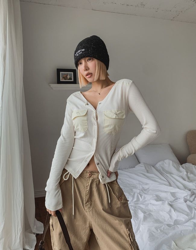 Luchi color matching pocket ribbed cardigan