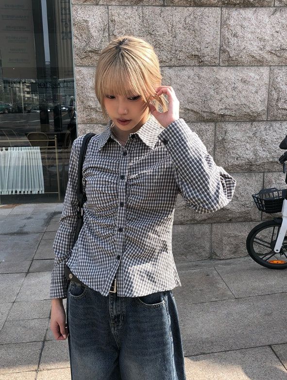 Onser Check Shirring Collar Slim Shirt
