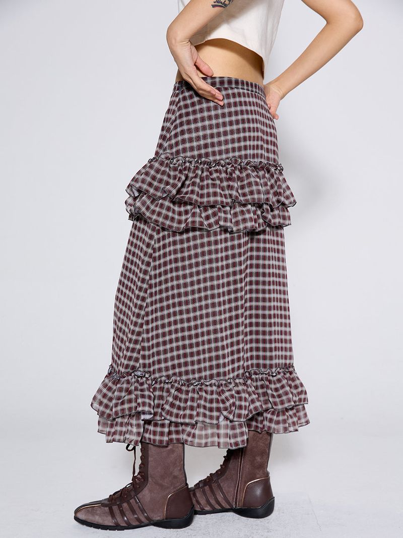CHECK FRILL SKIRT / RED