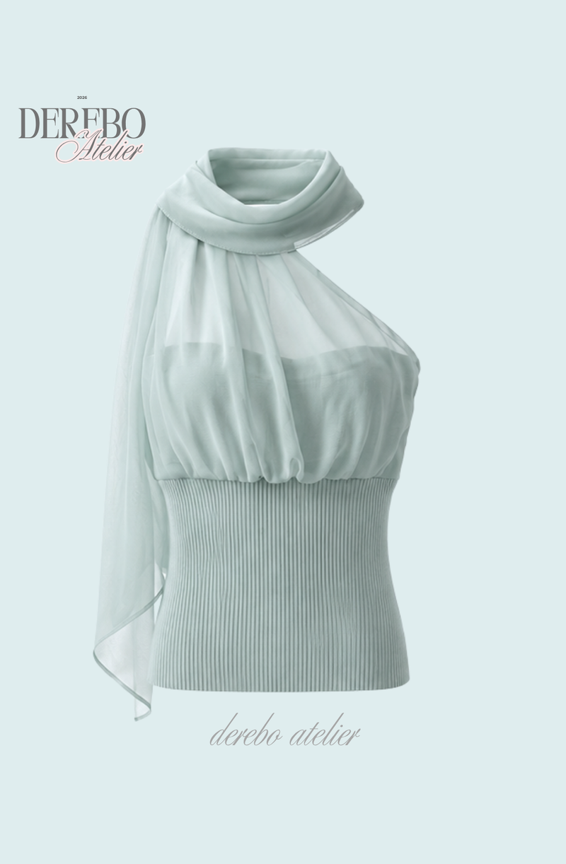 one-shoulder mint chiffon sleeveless top