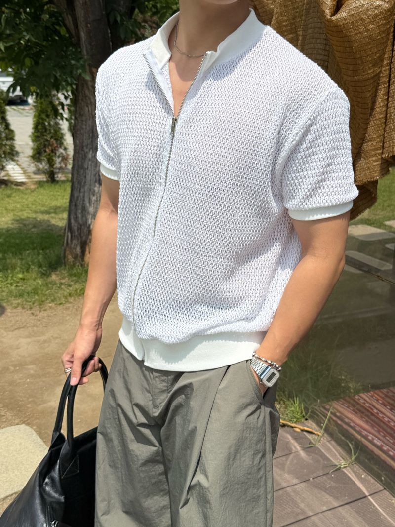 Half-neck punching zip-up cardigan
