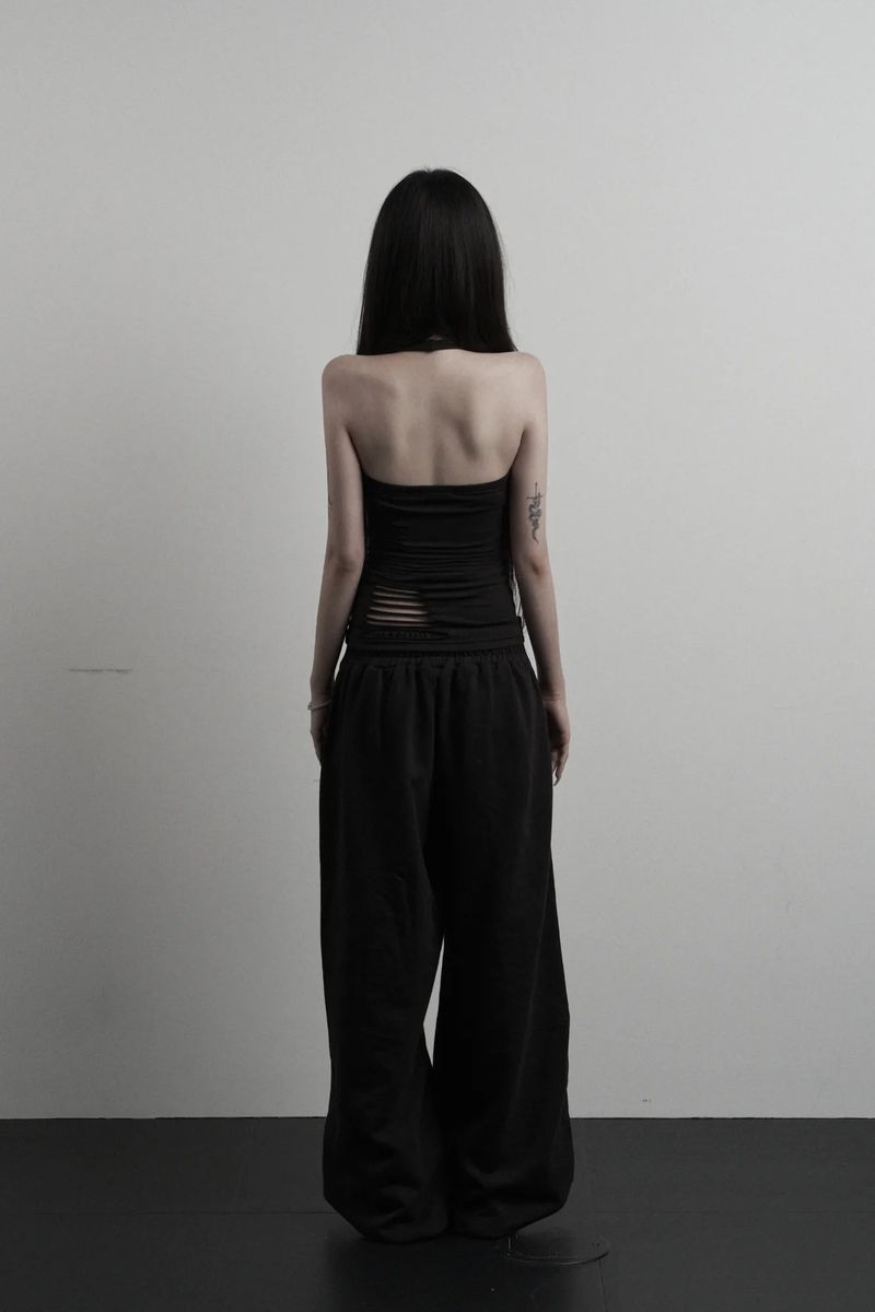 [label] layered tie damage wide pants (black)