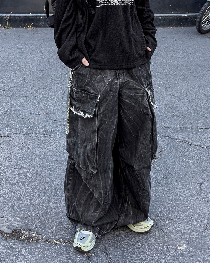 Fringe Balloon Cargo Denim Pants
