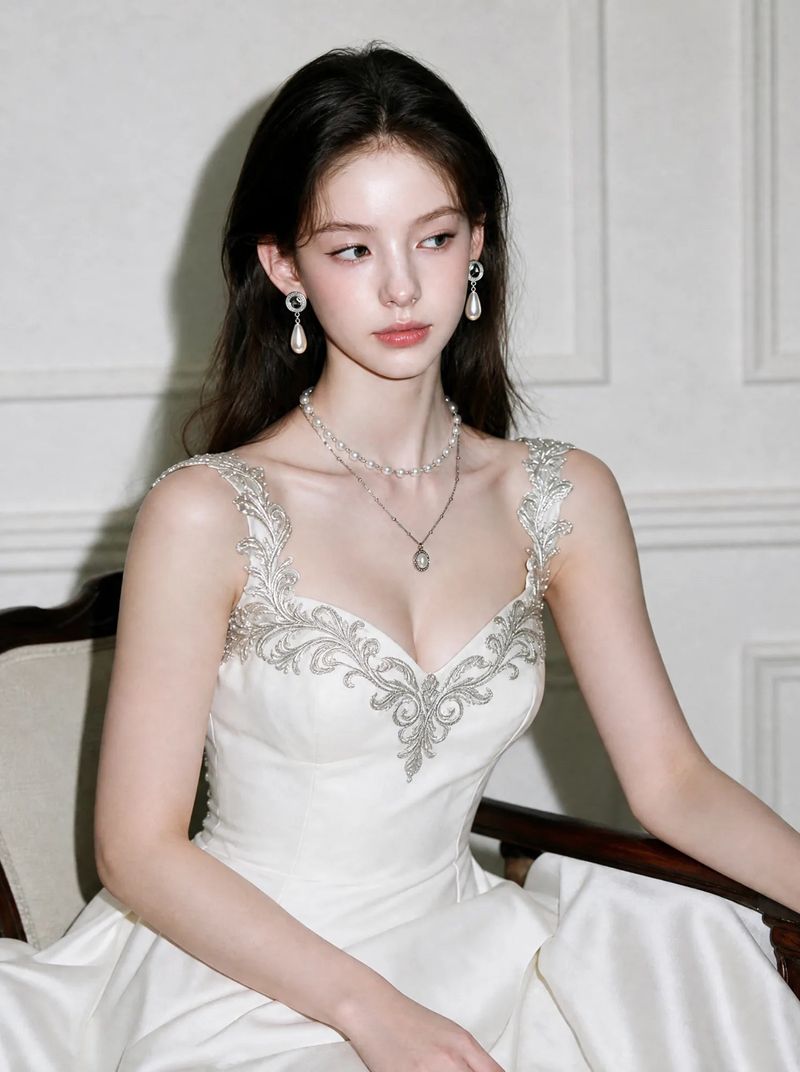 Ethnic Button and Long Pearl Earrings - Silver Color
