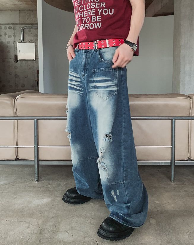 Binden Wash Damaged Wide Denim