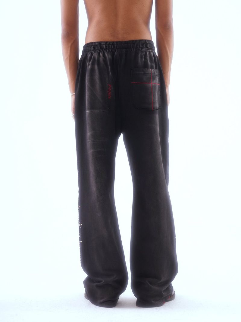 WASHED DISTRESSED RANDOM STITCH HOT-STUDDED DRAWSTRING SWEATPANTS