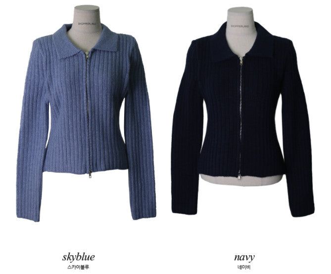 AZ Collar Crop Knit Zip-up (4color)