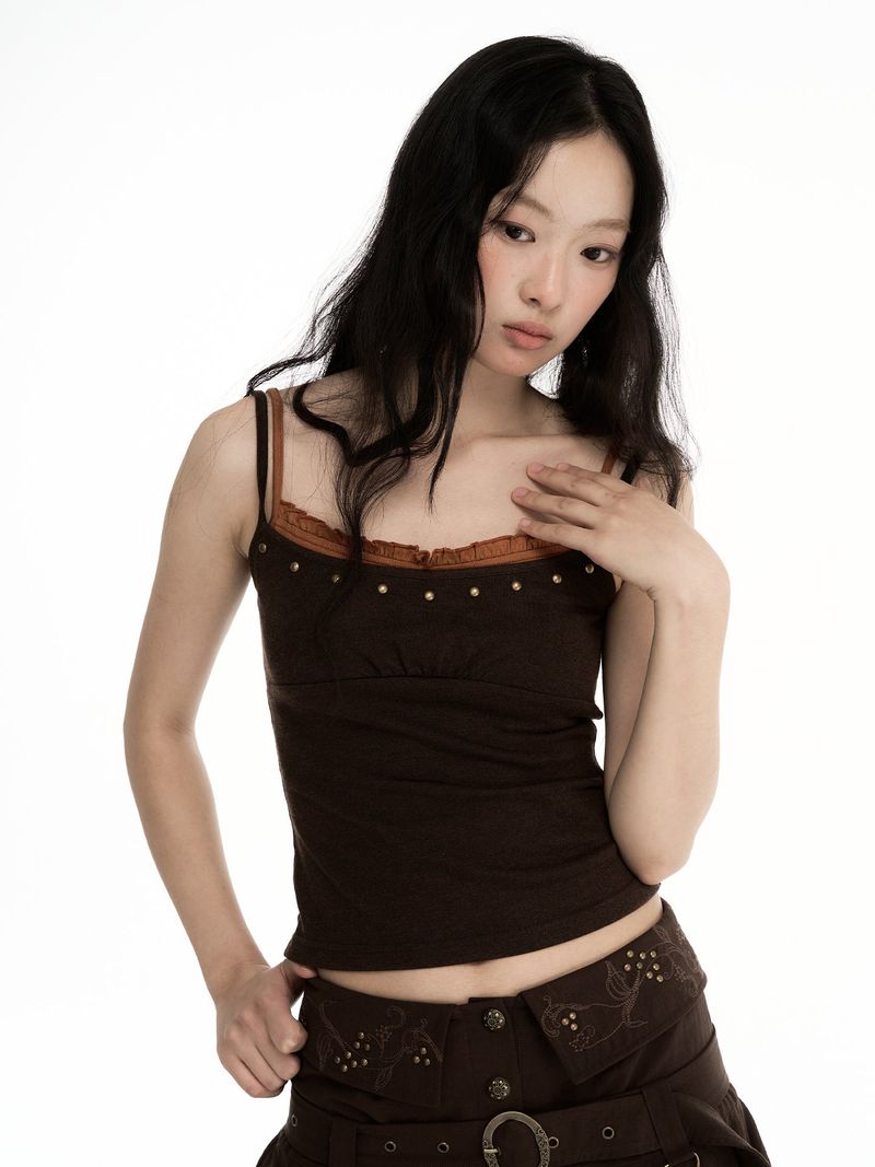 CONFUN Wool Color-Contrasting Fake Two-Piece Earflap Embroidered Bezel Beaded Collar Top