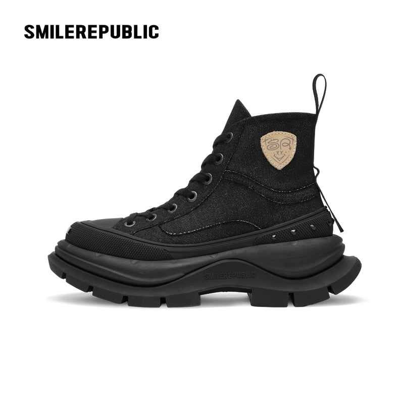 Black Smile Toe Canvas Chunky Platform High Top Sneakers, Unisex Lace-Up Casual Streetwear Shoes