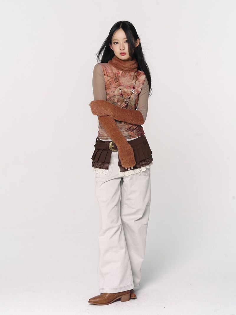 CONFUN original floral orange printed fur patchwork high-neck mesh base