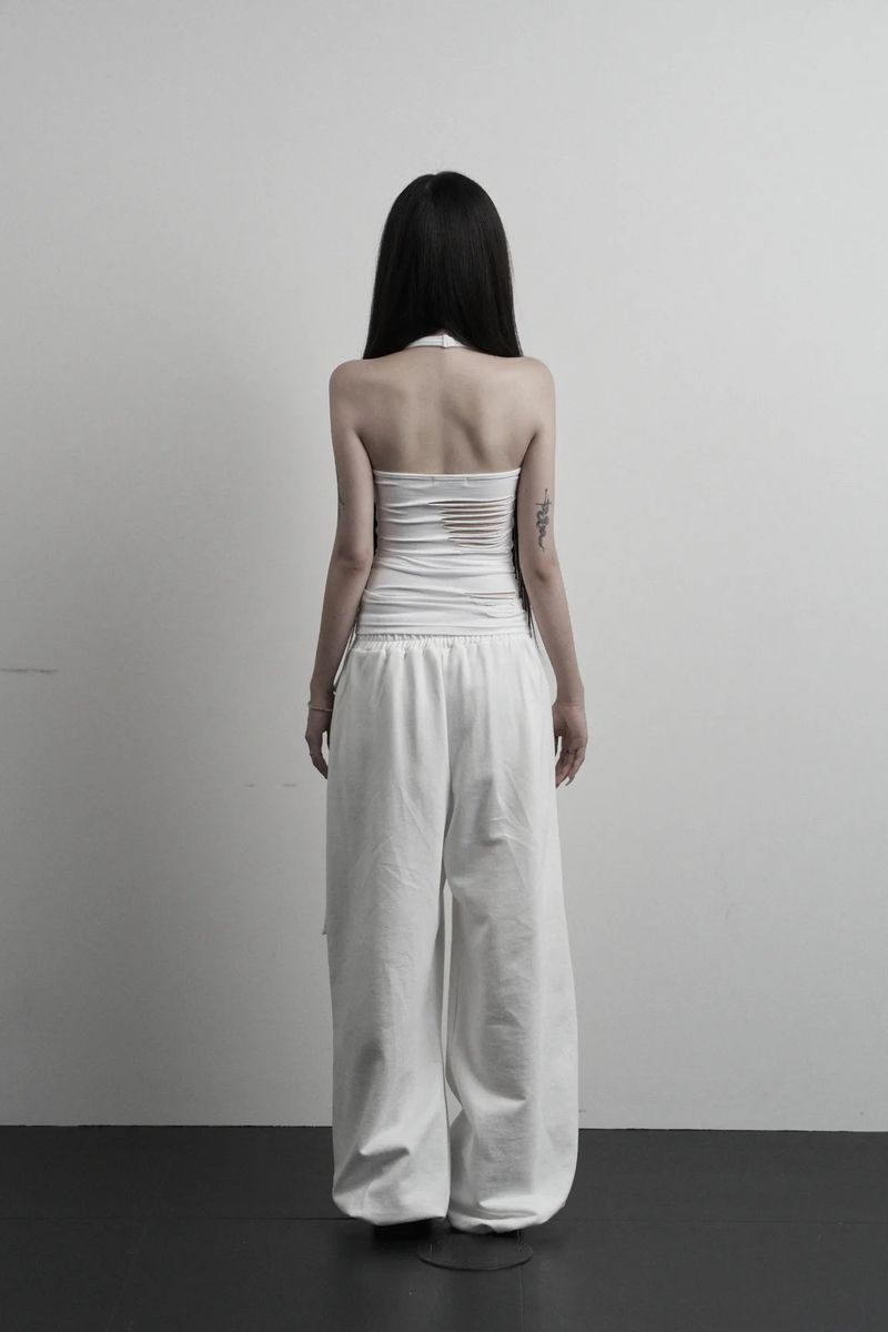 [label] layered tie damage wide pants (white)