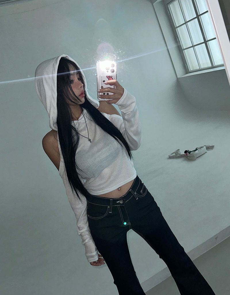 Hooded Shoulder Slit Backless T-shirt