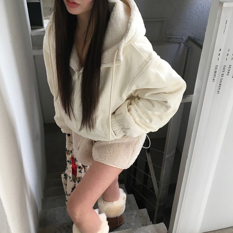 [BELLIDE MADE] Boa fleece + corduroy reversible zip-up hoodie
