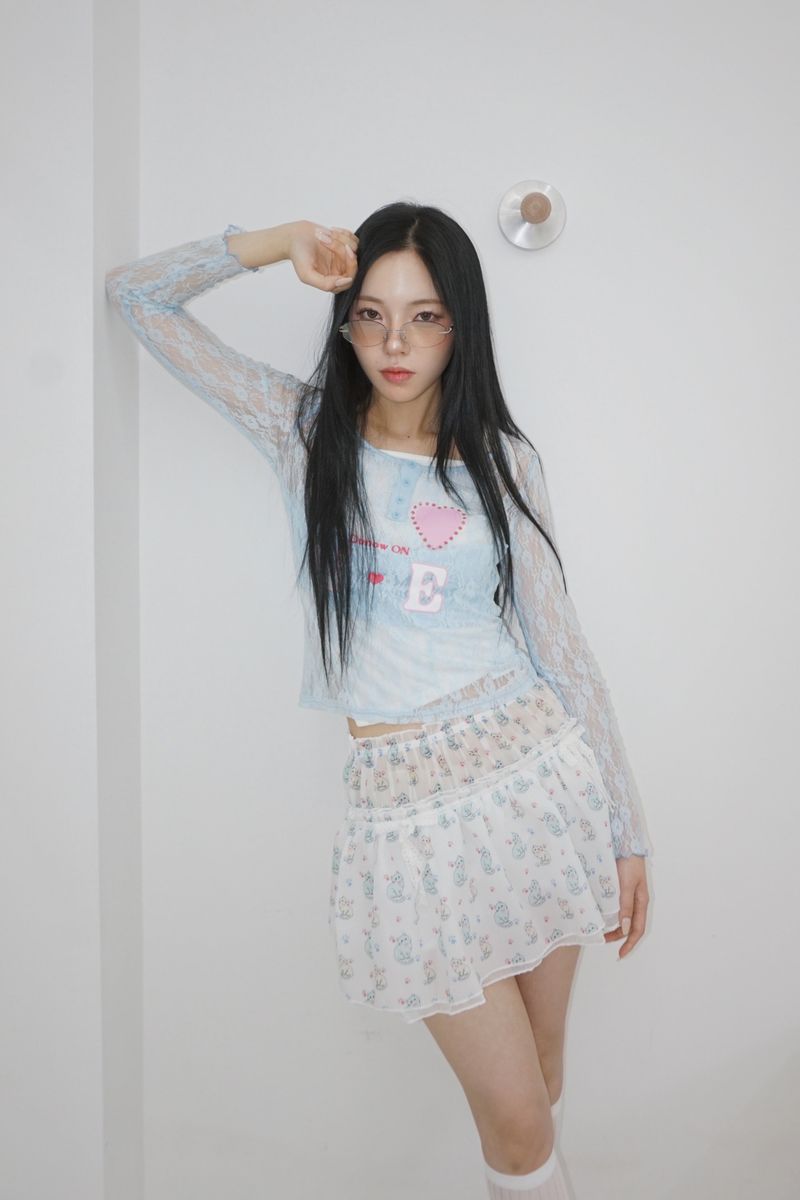 Cat chiffon banding flare mini skirt