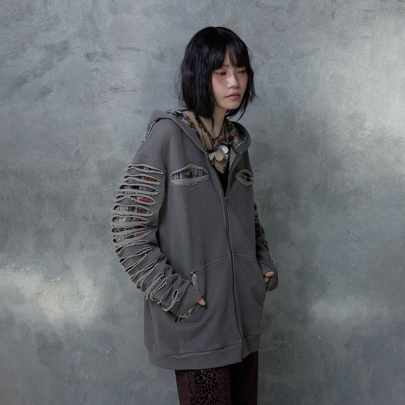 SLASHED CHECK HOODIE: BROWN