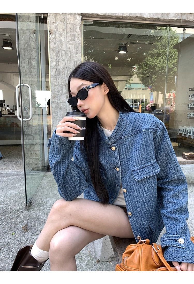 Blue casual gold button denim jacket