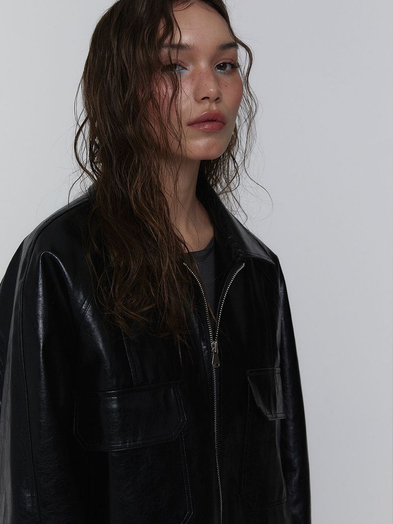 Eco Leather Bomber Jacket_Black