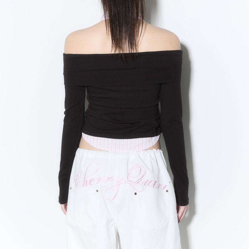 (3rd reorder) shirts layered off shoulder top - brown
