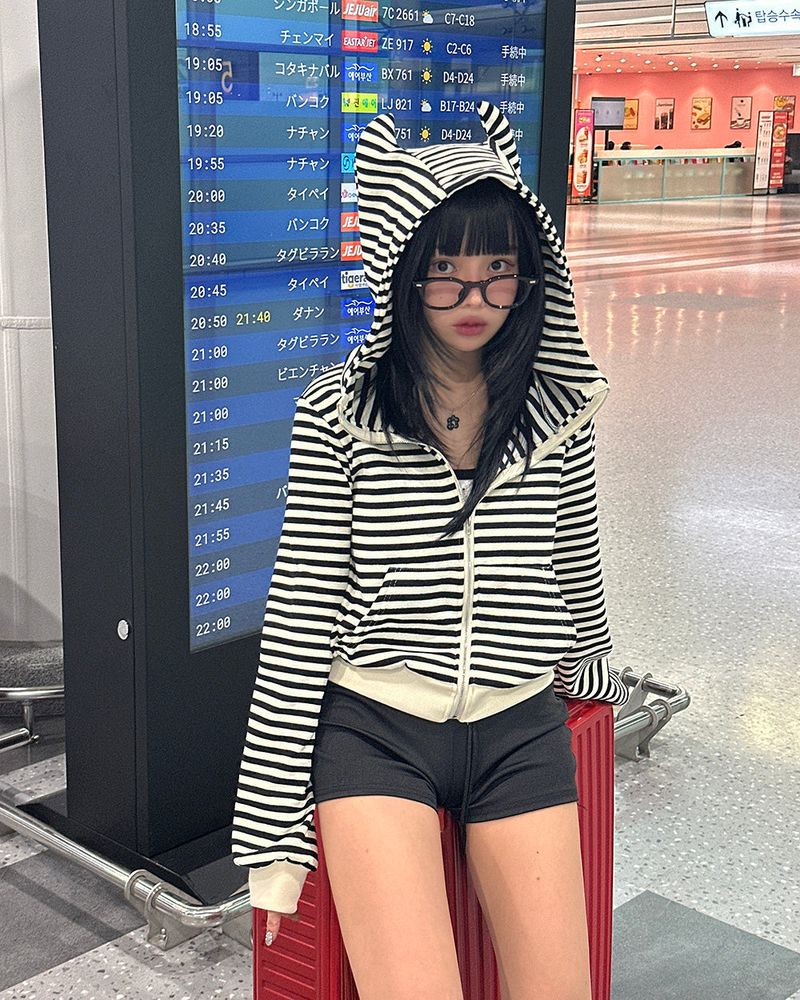 Angma Eared Hooded Stripe Zip-Up Jacket