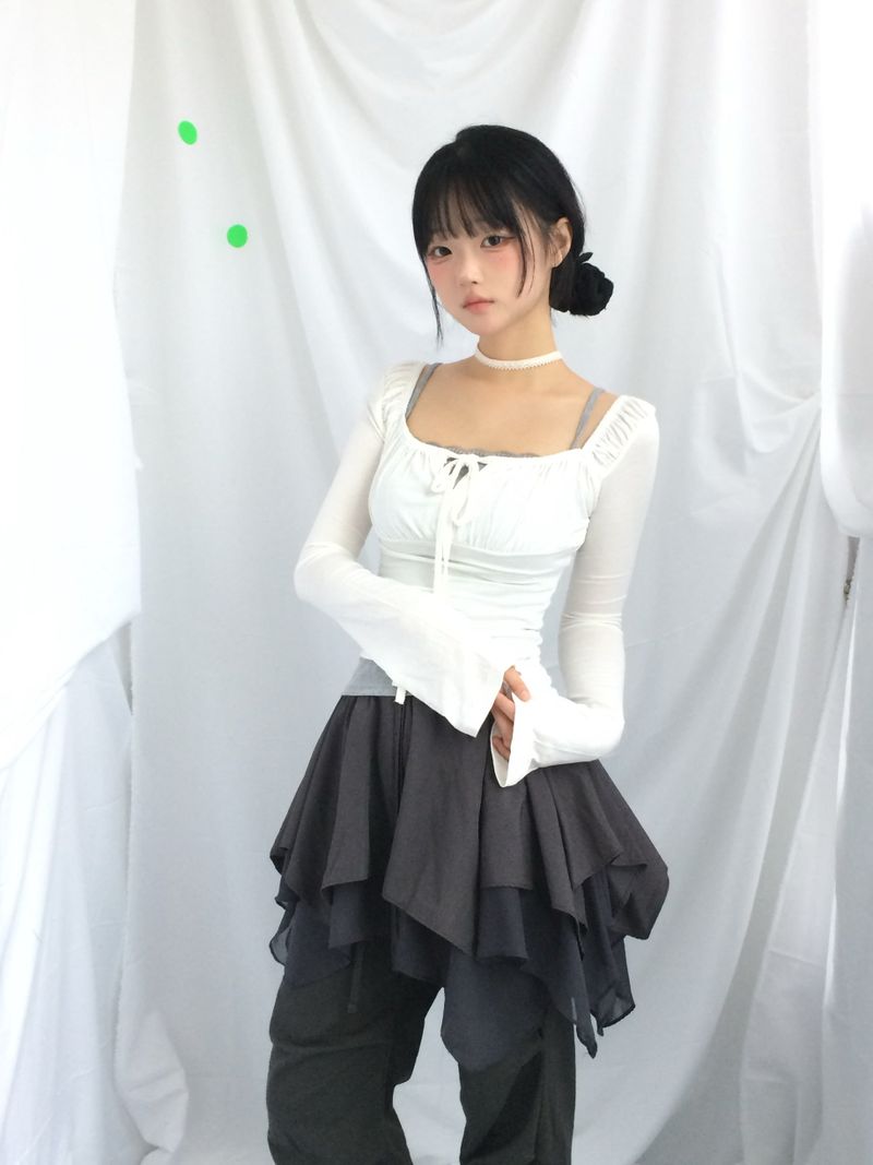 Slim Fit Ribbon Shirring Top