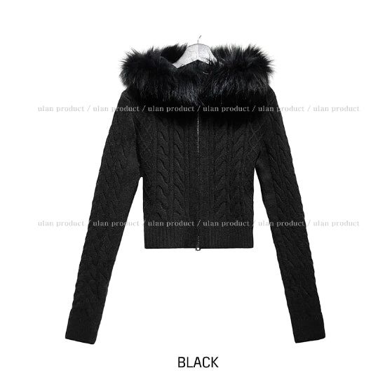 Rinco Cable Knit Fur Hood Zip-Up